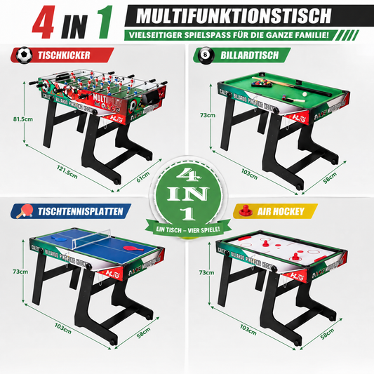 Hyner 4 in 1 Multifunktionale Spieltische Tischfußballtische Multifunktionstisch, Tischfußball Billard Air Hockey Tischtennis,sichere Teleskopstangen, Plattenwechsel, ideal für Familie