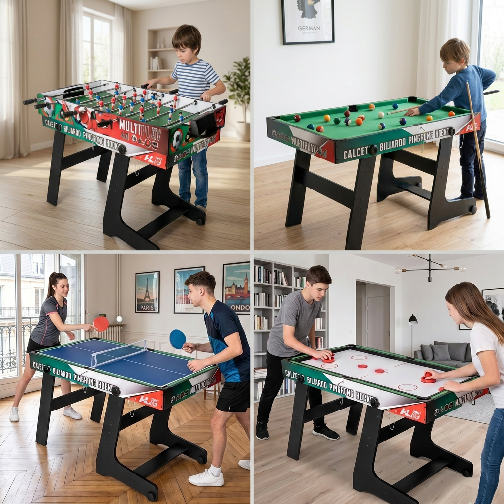 Hyner 4 in 1 Multifunktionale Spieltische Tischfußballtische Multifunktionstisch, Tischfußball Billard Air Hockey Tischtennis,sichere Teleskopstangen, Plattenwechsel, ideal für Familie