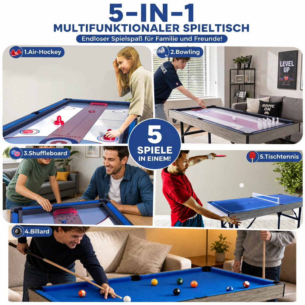 Hyner Multifunktions-Spieltisch 5 in 1 Klappbar mit Komplett-Zubehör, Multi-Game Tisch Billard, Tischtennis, Air Hockey, Bowling & Shuffleboard, Platzsparender Indoor Spieltisch für Wohnzimmer