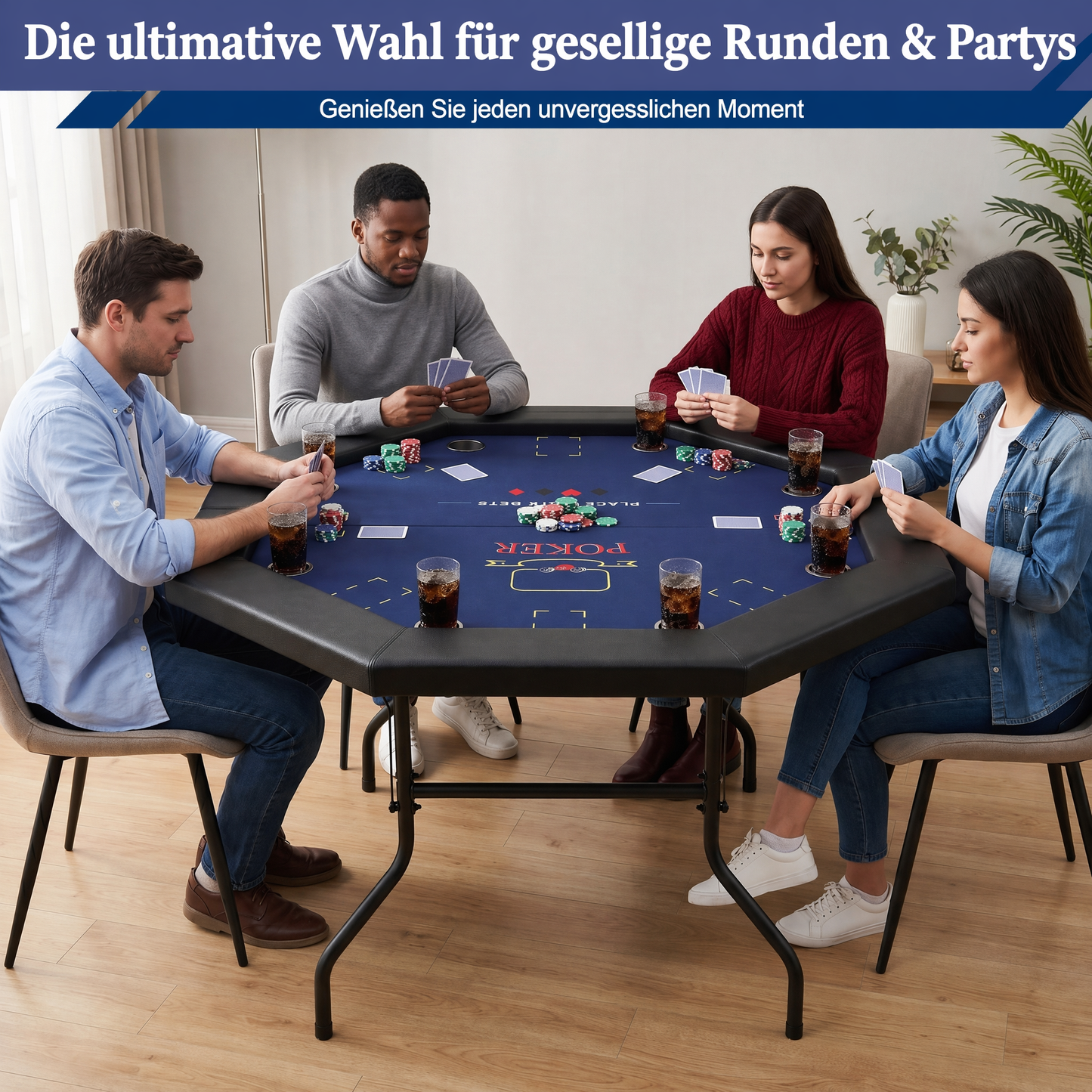 Hyner Pokertisch 122cm, 8 Spieler Achteckig Klappbar Becherhalter Armlehnen Beine faltbar, stabiles Metallgestell, glatte Oberfläche, leicht zu reinigen, platzsparend verstaubar, ideal für Familie