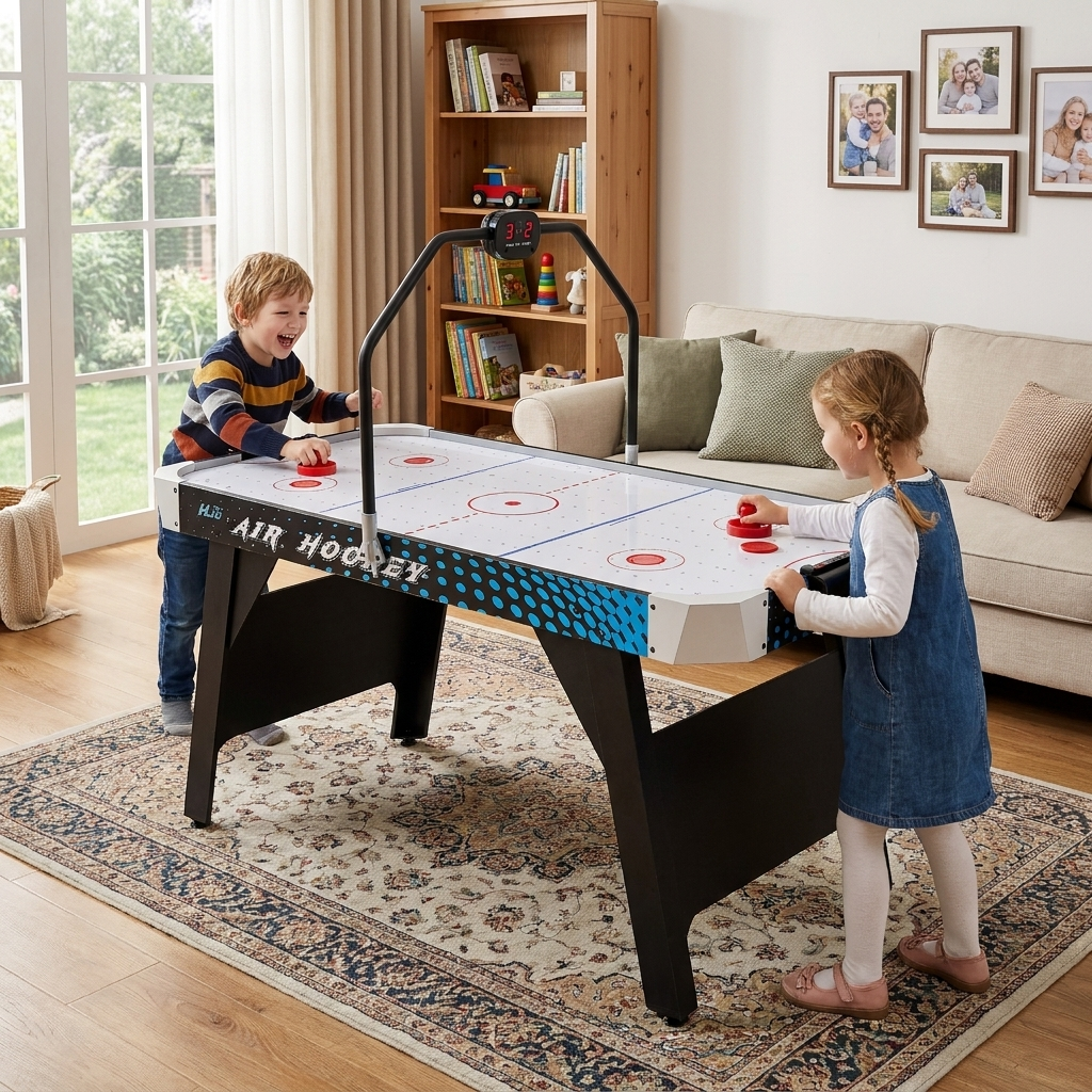 Hyner Airhockey Tisch 137cm Air Hockey Spieltisch Luftkissen Punktetafel Ultra-schnelles Gleiten, integrierte Punktetafel, robuste Holzwerkstoffe, dynamisches Spiel, ideal für Familie