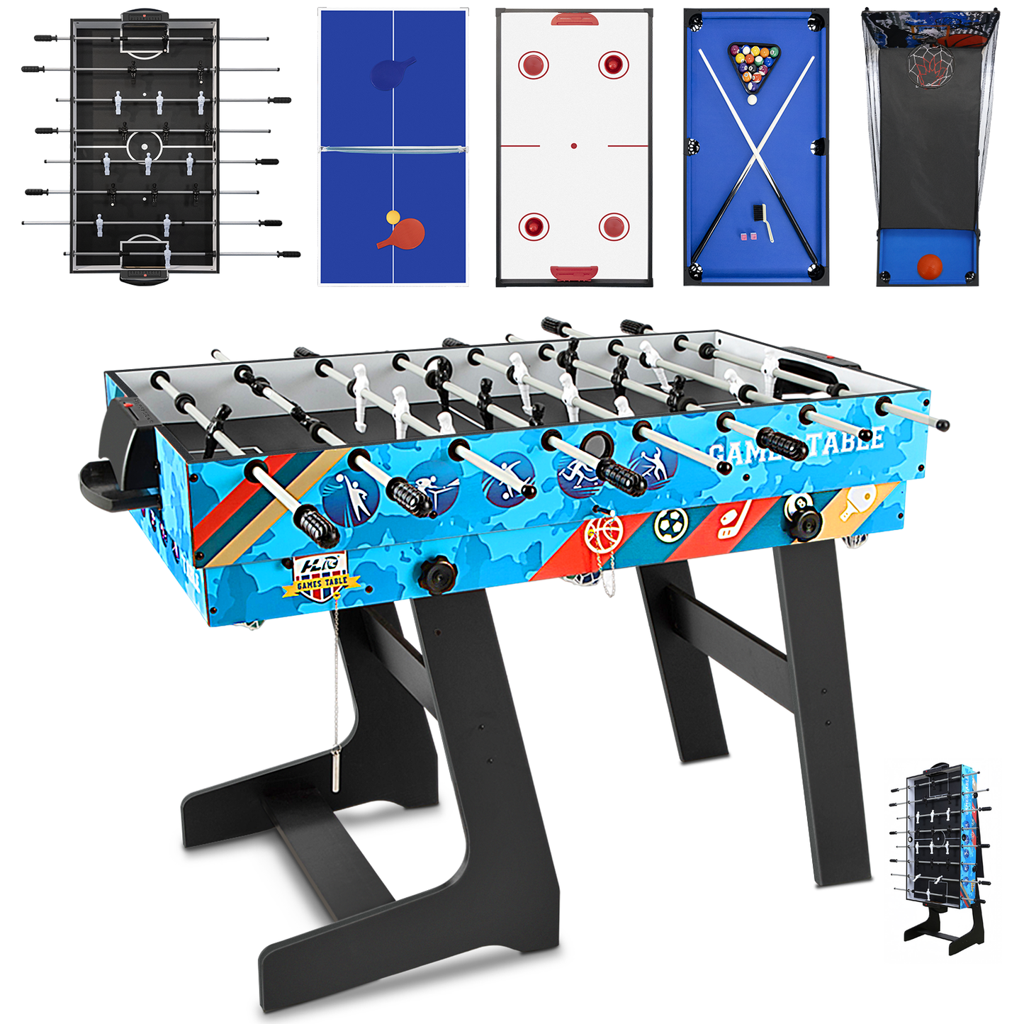 Hyner Klappbarer Multifunktionsspieltisch (123 cm) – 5-in-1: Tischfußballtische, Airhockey Tisch, Billardtisch, Tischtennis, Basketball – Für 2-4 Personen – Wohnzimmer, Party, Freizeit