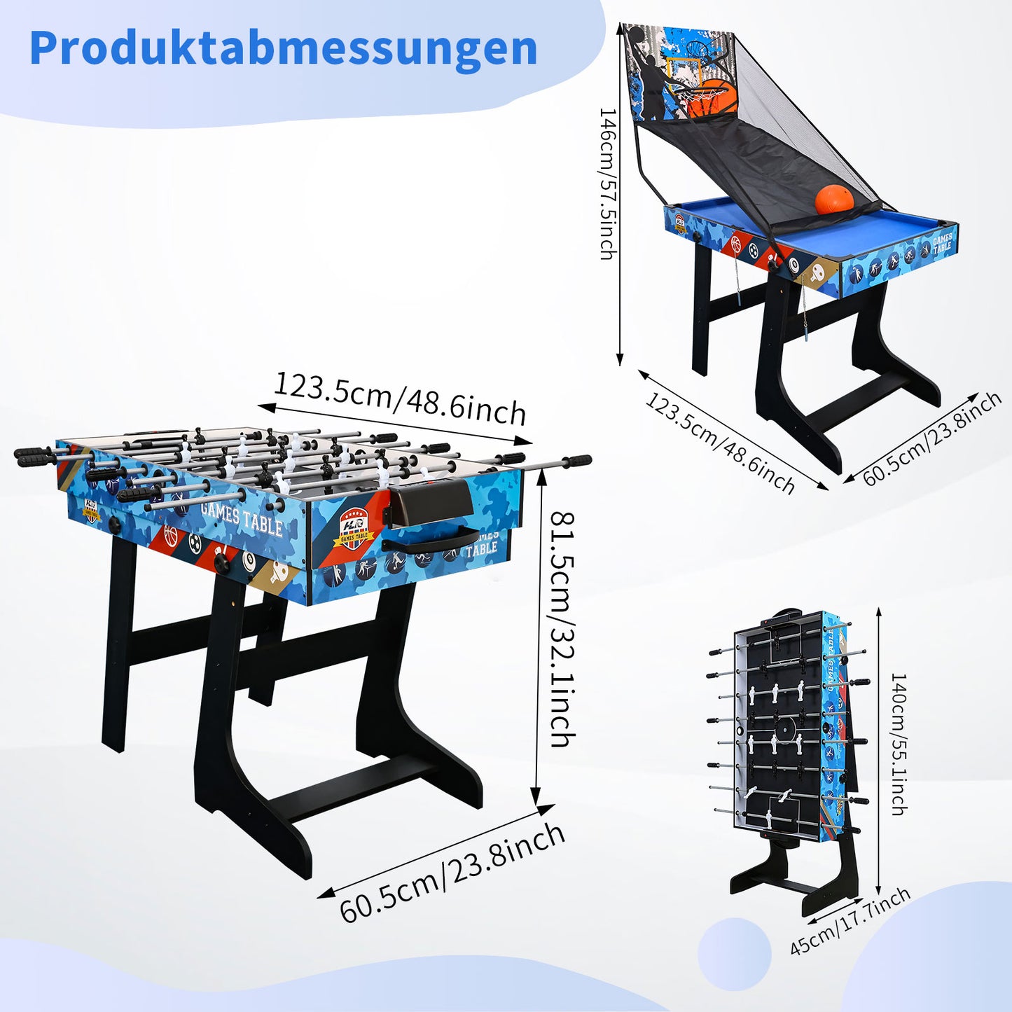 Hyner Klappbarer Multifunktionsspieltisch (123 cm) – 5-in-1: Tischfußballtische, Airhockey Tisch, Billardtisch, Tischtennis, Basketball – Für 2-4 Personen – Wohnzimmer, Party, Freizeit