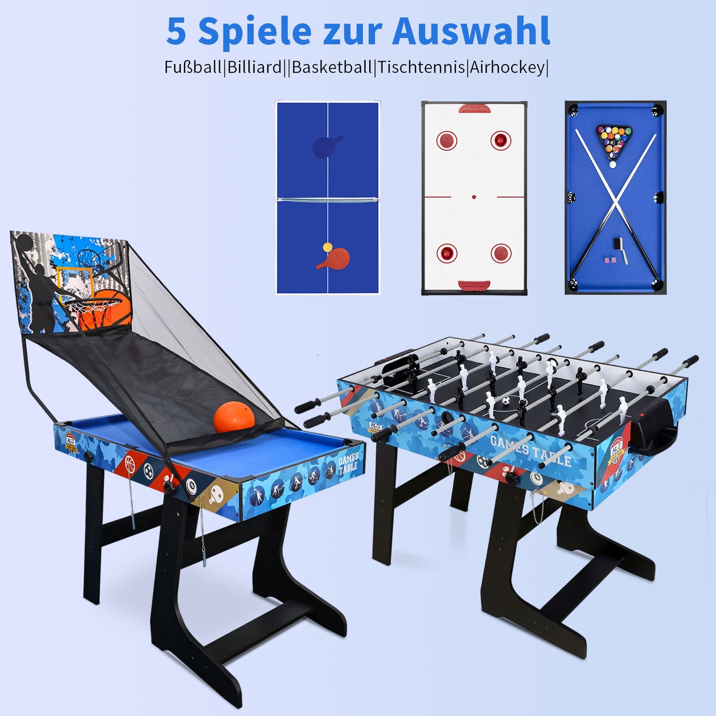 Hyner Klappbarer Multifunktionsspieltisch (123 cm) – 5-in-1: Tischfußballtische, Airhockey Tisch, Billardtisch, Tischtennis, Basketball – Für 2-4 Personen – Wohnzimmer, Party, Freizeit