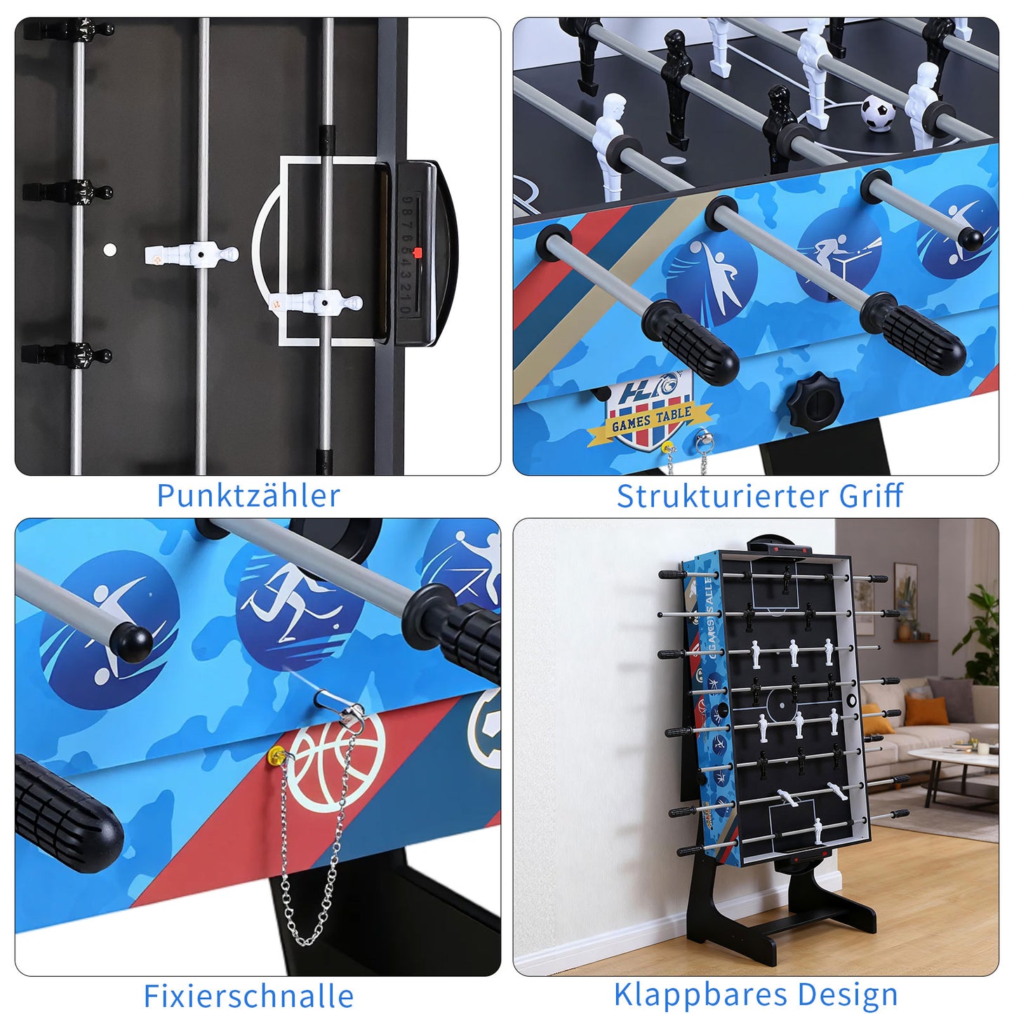 Hyner Klappbarer Multifunktionsspieltisch (123 cm) – 5-in-1: Tischfußballtische, Airhockey Tisch, Billardtisch, Tischtennis, Basketball – Für 2-4 Personen – Wohnzimmer, Party, Freizeit