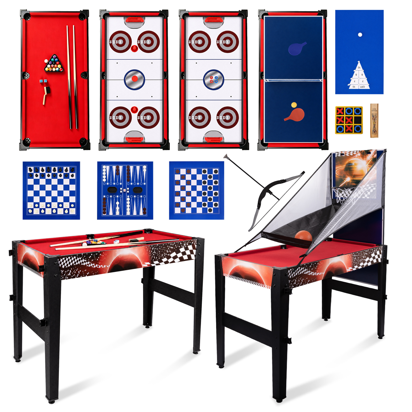 Hyner Multifunktionstisch 14in1 122cm Billard Tischtennis Air Hockey Multifunktionale Spieltische,Schach,Bowling,Basketball, Bogenschießen.Schneller Plattenwechsel,ideal für Familie.