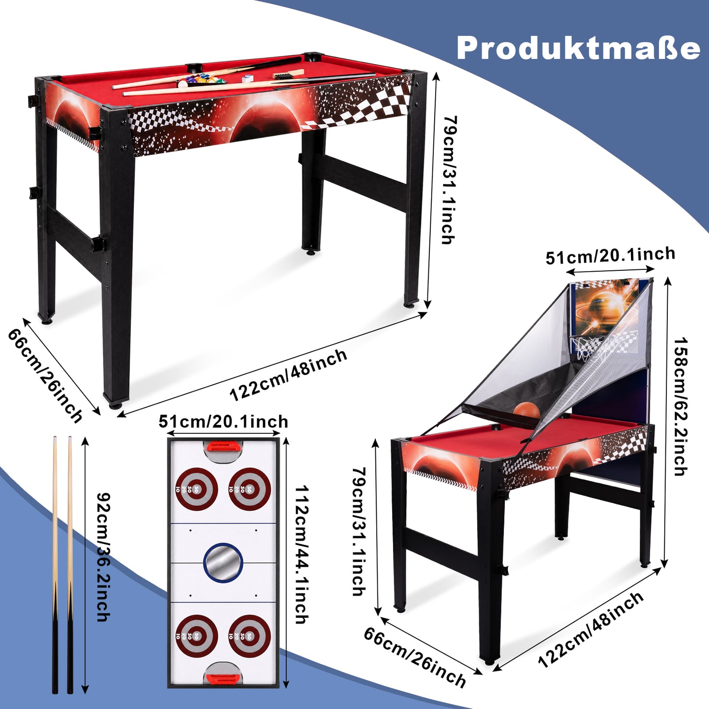 Hyner Multifunktionstisch 14in1 122cm Billard Tischtennis Air Hockey Multifunktionale Spieltische,Schach,Bowling,Basketball, Bogenschießen.Schneller Plattenwechsel,ideal für Familie.