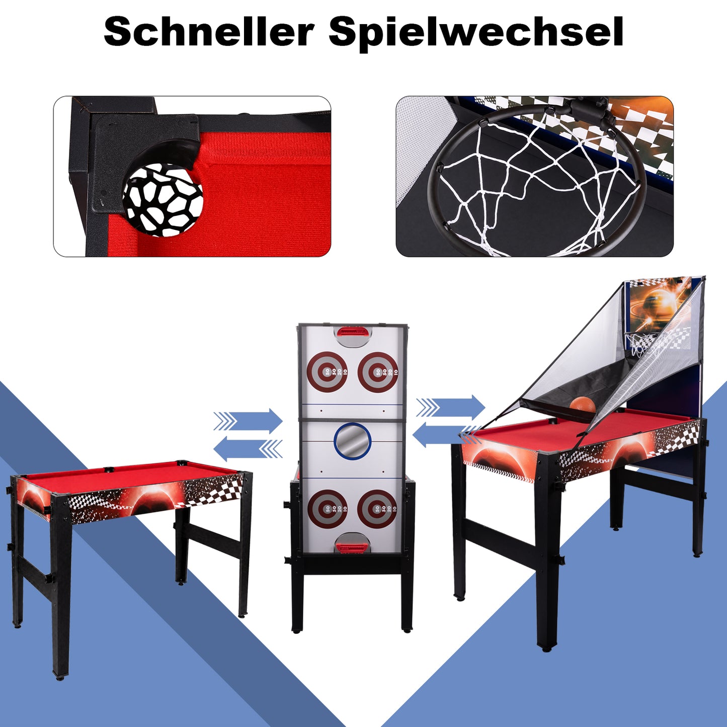 Hyner Multifunktionstisch 14in1 122cm Billard Tischtennis Air Hockey Multifunktionale Spieltische,Schach,Bowling,Basketball, Bogenschießen.Schneller Plattenwechsel,ideal für Familie.