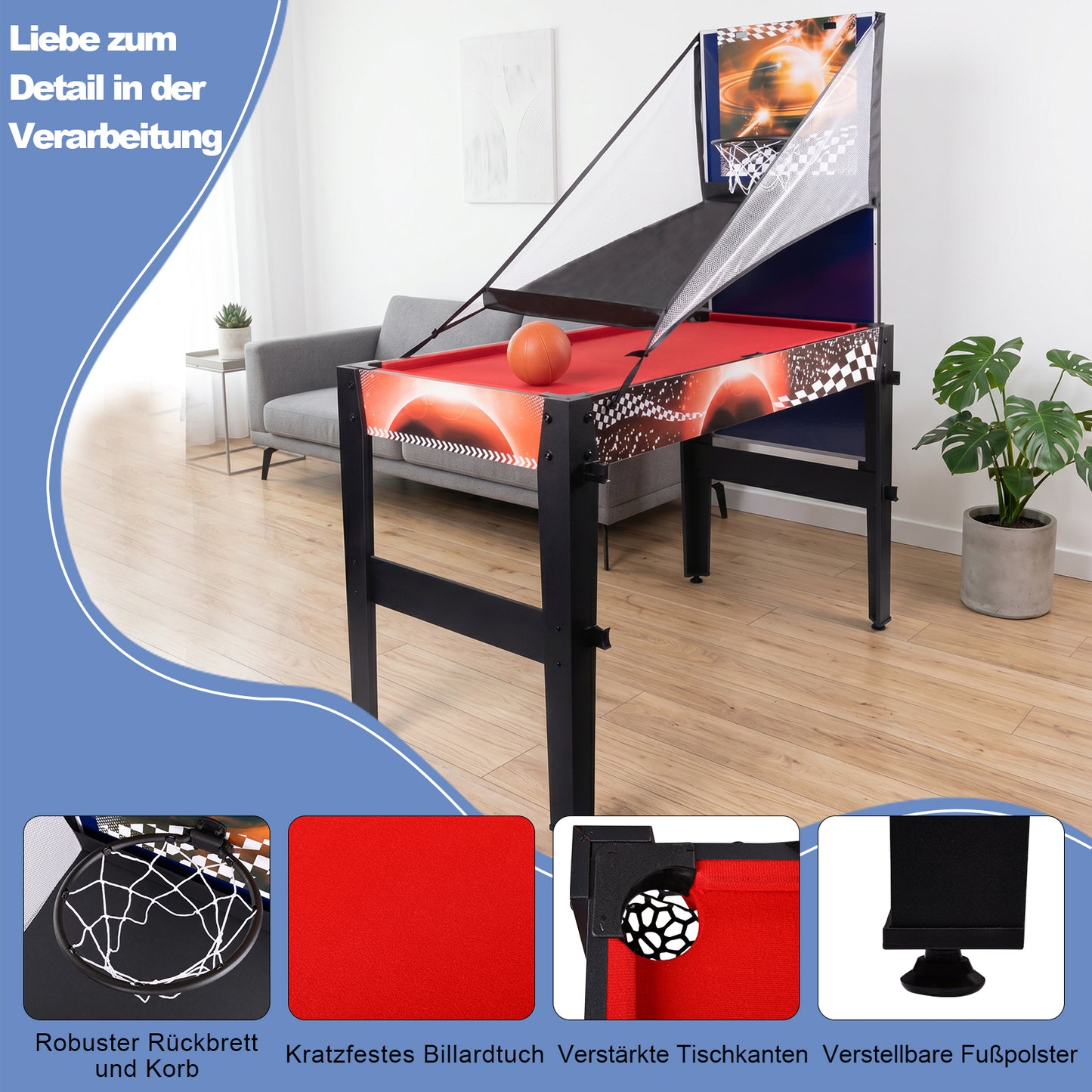 Hyner Multifunktionstisch 14in1 122cm Billard Tischtennis Air Hockey Multifunktionale Spieltische,Schach,Bowling,Basketball, Bogenschießen.Schneller Plattenwechsel,ideal für Familie.