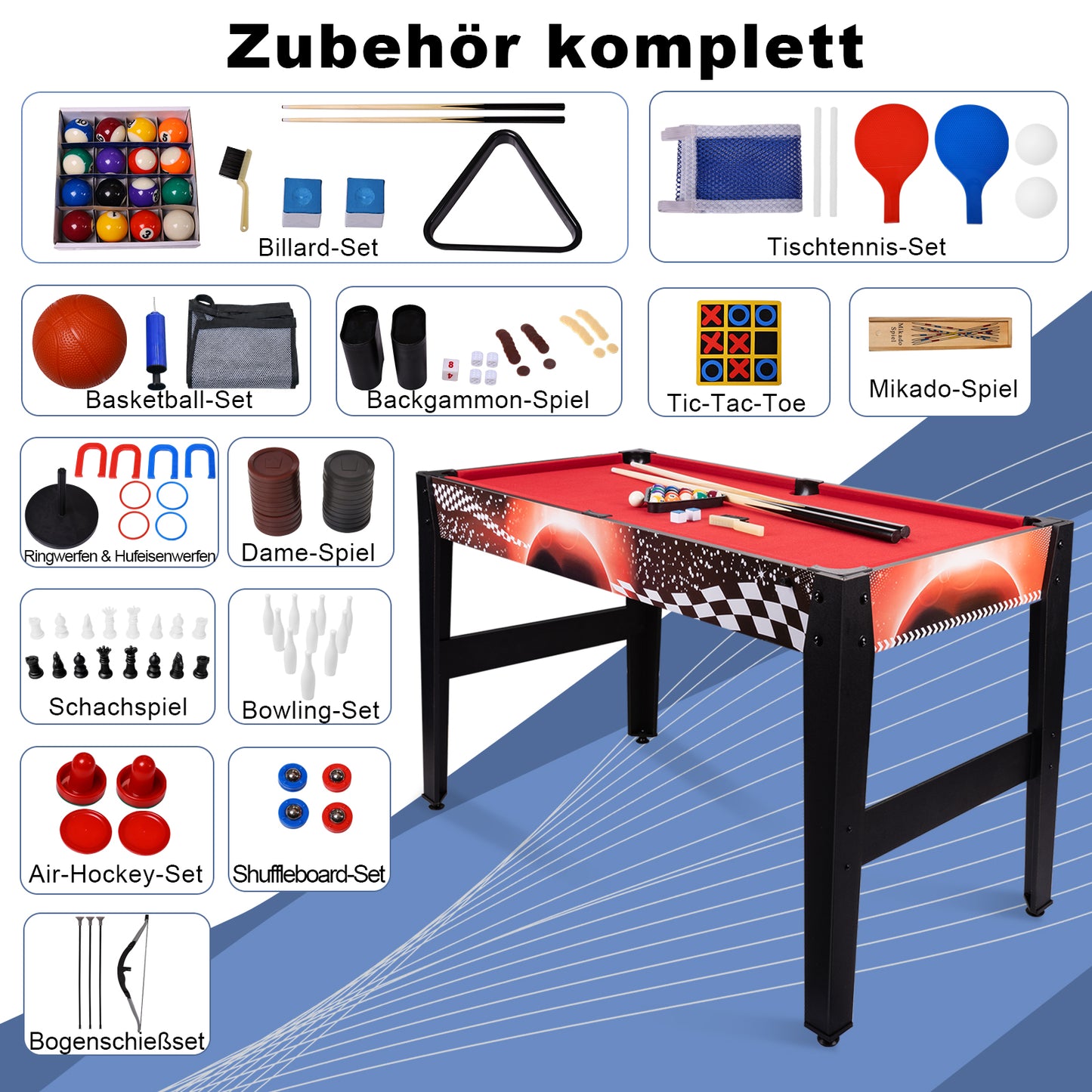 Hyner Multifunktionstisch 14in1 122cm Billard Tischtennis Air Hockey Multifunktionale Spieltische,Schach,Bowling,Basketball, Bogenschießen.Schneller Plattenwechsel,ideal für Familie.