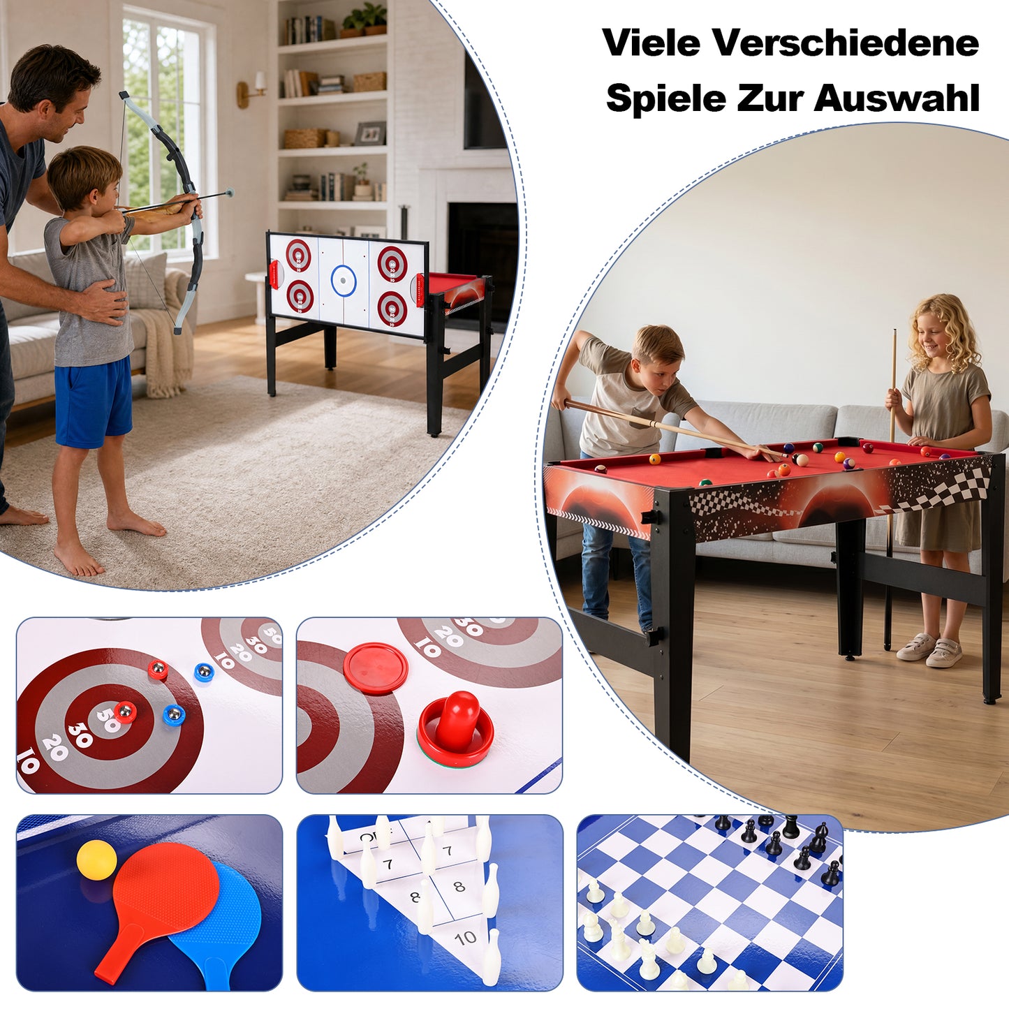 Hyner Multifunktionstisch 14in1 122cm Billard Tischtennis Air Hockey Multifunktionale Spieltische,Schach,Bowling,Basketball, Bogenschießen.Schneller Plattenwechsel,ideal für Familie.