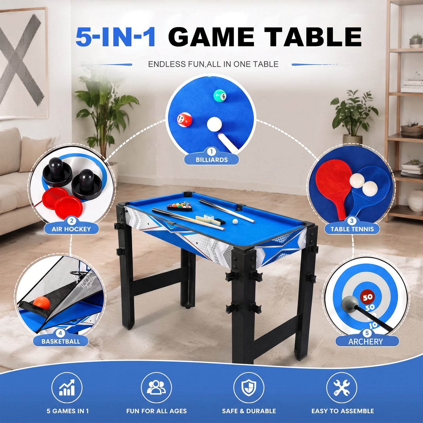 Hyner Multifunktionstisch 5in1 122cm Billard Tischtennis Air Hockey Multifunktionale Spieltische,Basketball,Bogenschießen.Schneller Plattenwechsel,robustes Holz,Zubehör inklusive.
