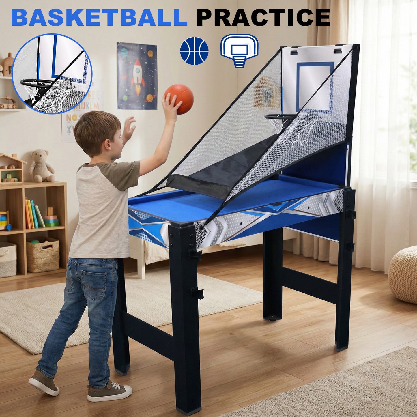 Hyner Multifunktionstisch 5in1 122cm Billard Tischtennis Air Hockey Multifunktionale Spieltische,Basketball,Bogenschießen.Schneller Plattenwechsel,robustes Holz,Zubehör inklusive.