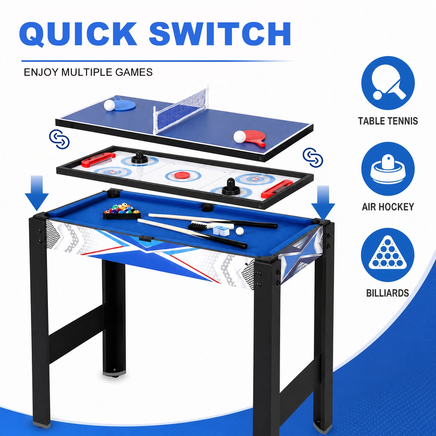Hyner Multifunktionstisch 5in1 122cm Billard Tischtennis Air Hockey Multifunktionale Spieltische,Basketball,Bogenschießen.Schneller Plattenwechsel,robustes Holz,Zubehör inklusive.