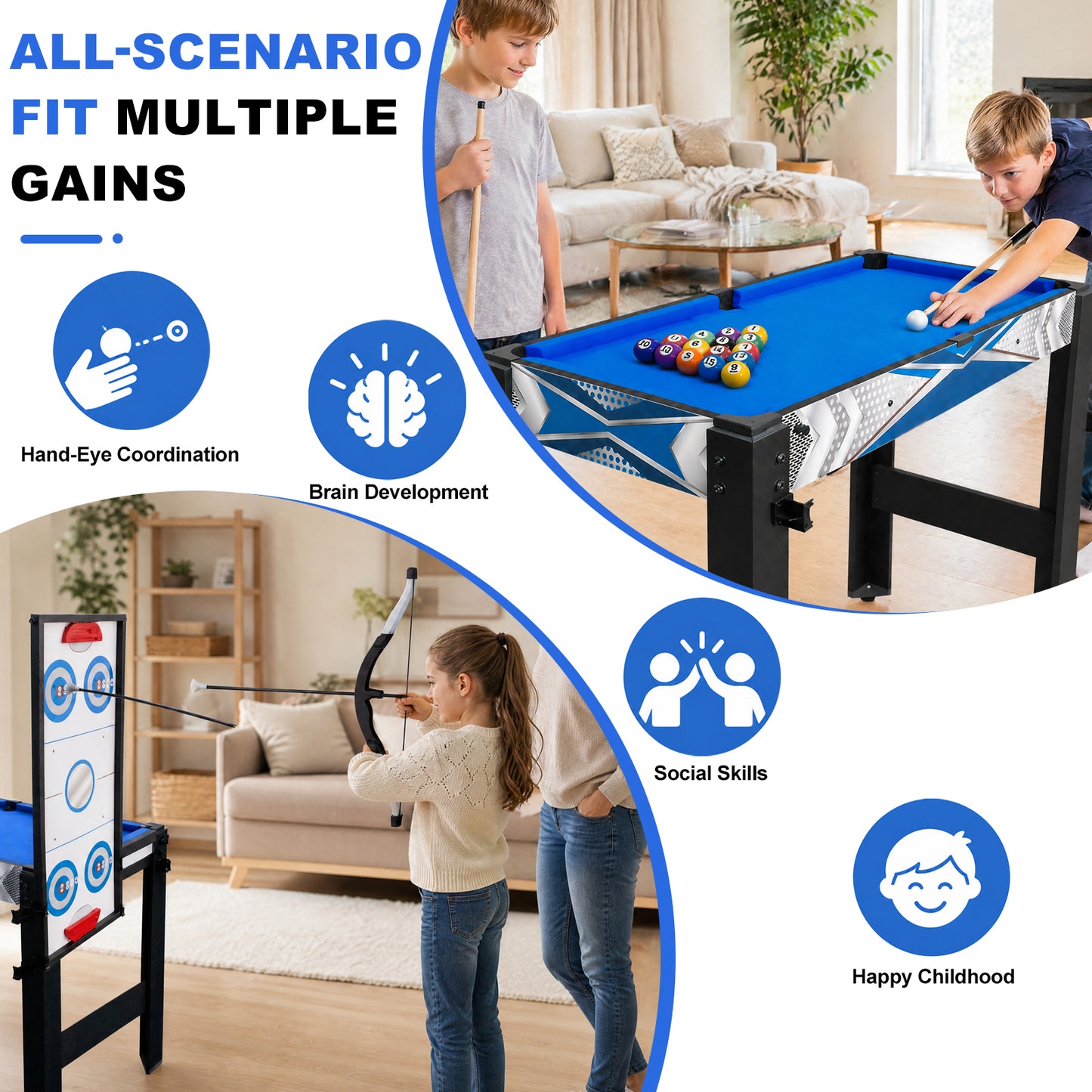 Hyner Multifunktionstisch 5in1 122cm Billard Tischtennis Air Hockey Multifunktionale Spieltische,Basketball,Bogenschießen.Schneller Plattenwechsel,robustes Holz,Zubehör inklusive.