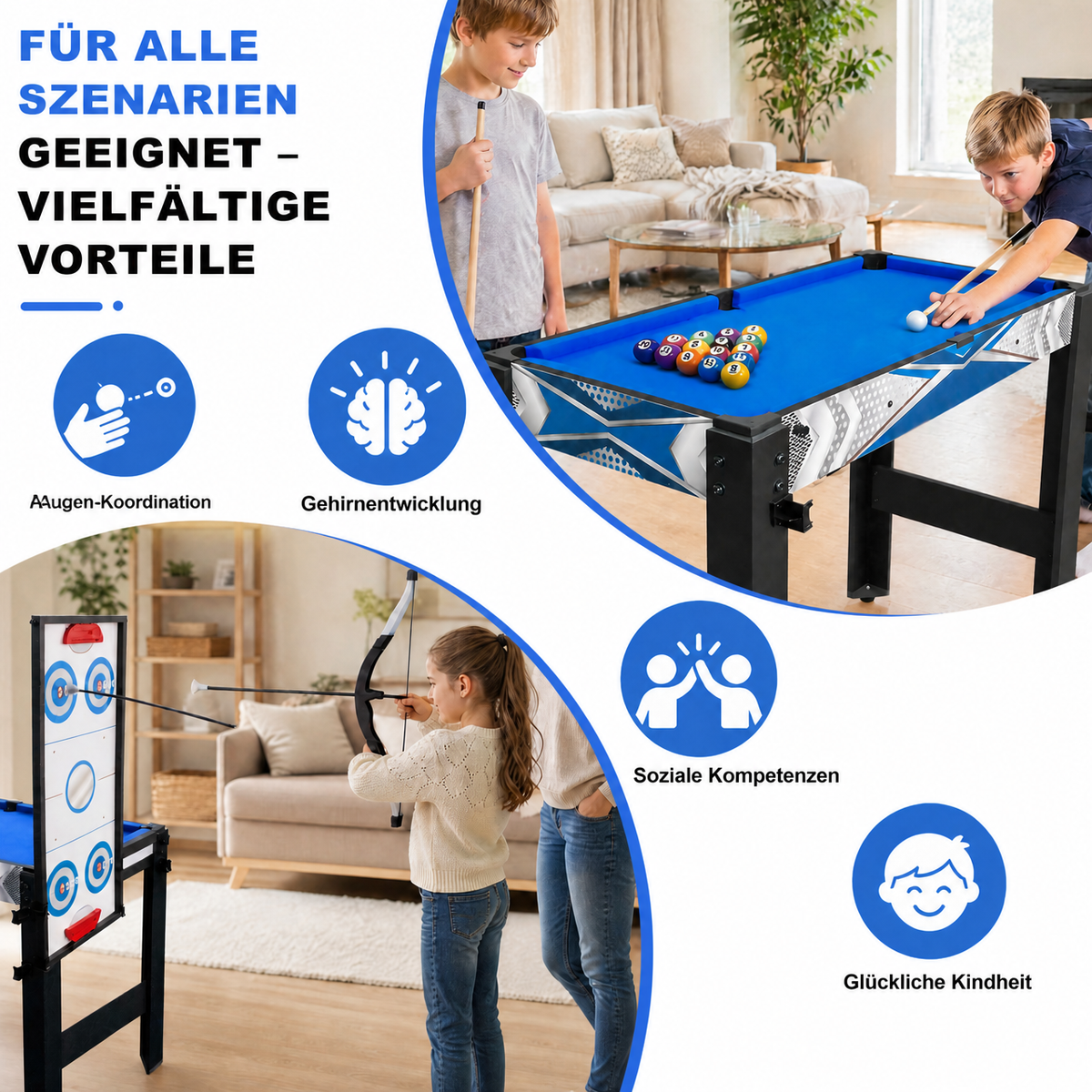 Hyner 5-in-1 Multifunktionstisch 122cm – Billard, Tischtennis, Air Hockey, Basketball & Bogenschießen