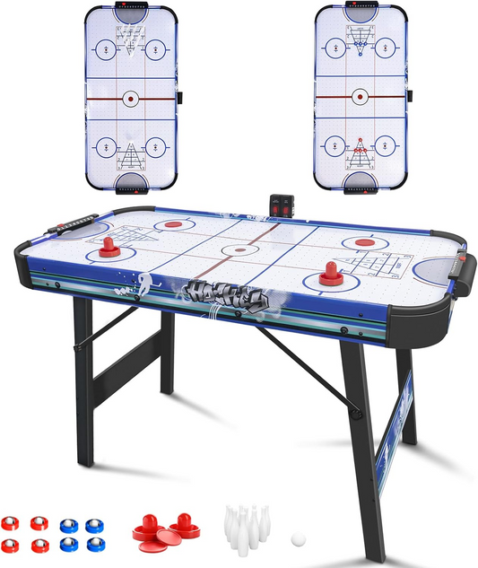 Hyner Klappbarer Airhockey Tisch 130cm,3-in-1 Hockey,Bowling,Shuffleboard Luftkissen-Effekt,schneller Aufbau,inkl. Zubehör & manueller Punkteanzeige,platzsparend,für Familie