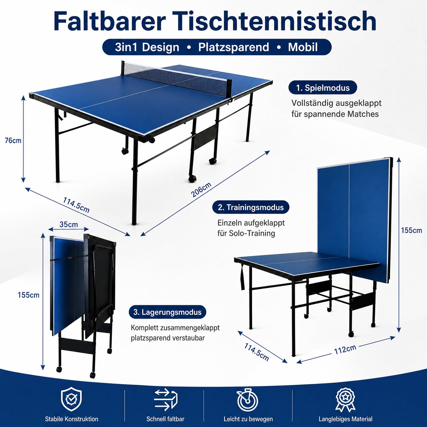 Hyner Tischtennisplatte 206cm Indoor & Outdoor, Tischtennistisch Klappbar mit Rollen, Stabile & Handliche Ping Pong Platte, Freizeitstisch mit Einzelspielmodus für Garten Terrasse Wohnzimmer