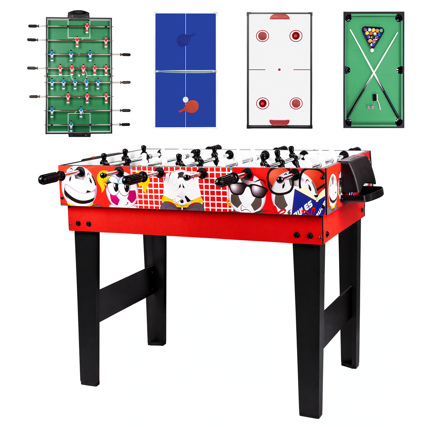 Hyner 4 in 1 Spieltisch Kompakt, Billard & Tischfußball mit Zubehör Inkl. Hockey & Tischtennis，Leicht & handlich verschiebbar，Ideal für Indoor & Familienabende