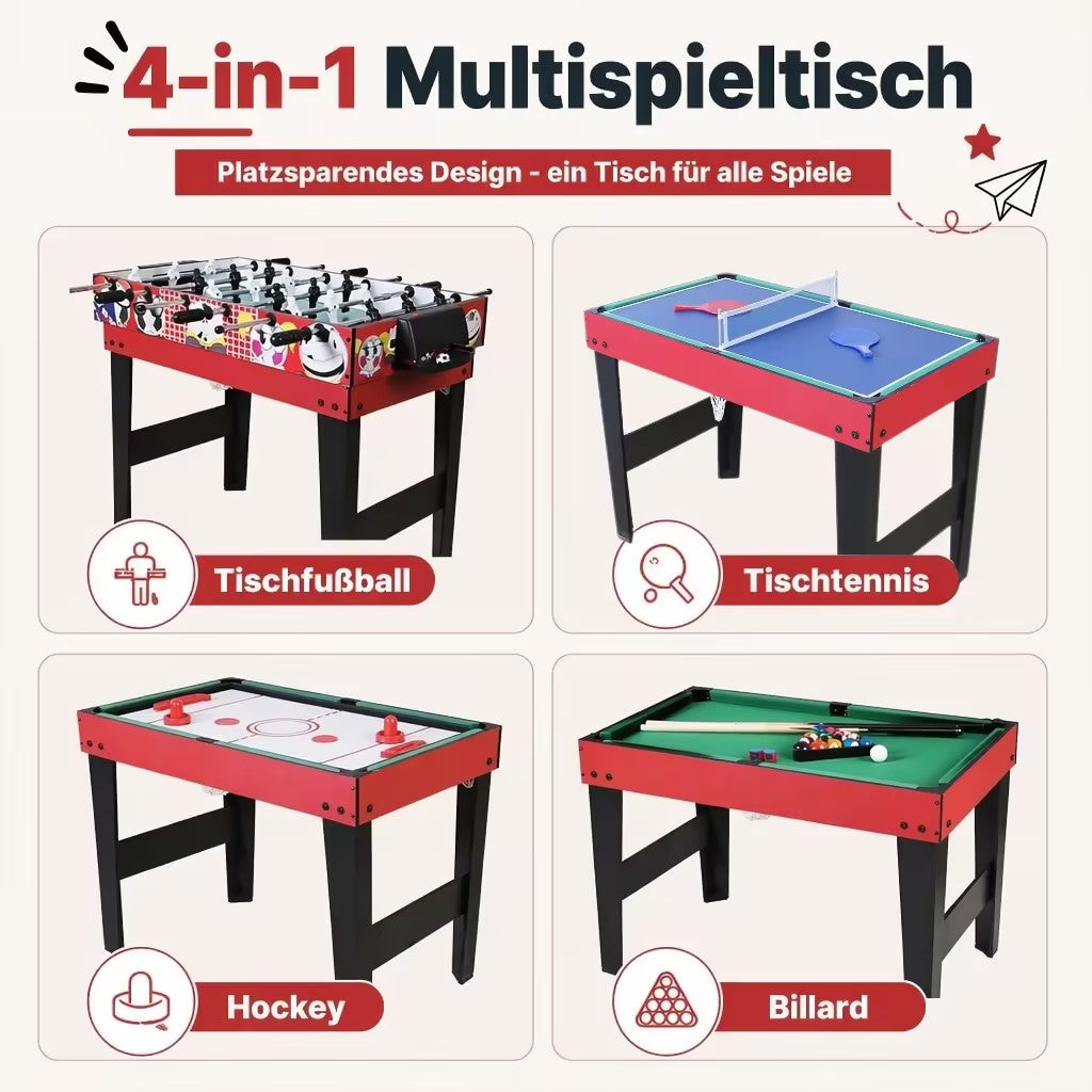 Hyner 4 in 1 Spieltisch Kompakt, Billard & Tischfußball mit Zubehör Inkl. Hockey & Tischtennis，Leicht & handlich verschiebbar，Ideal für Indoor & Familienabende