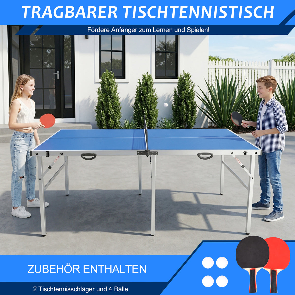 Hyner Klappbarer Tischtennistisch 182cm – Wetterfest, mit Griff, Netz, 2 Schlägern & Bällen