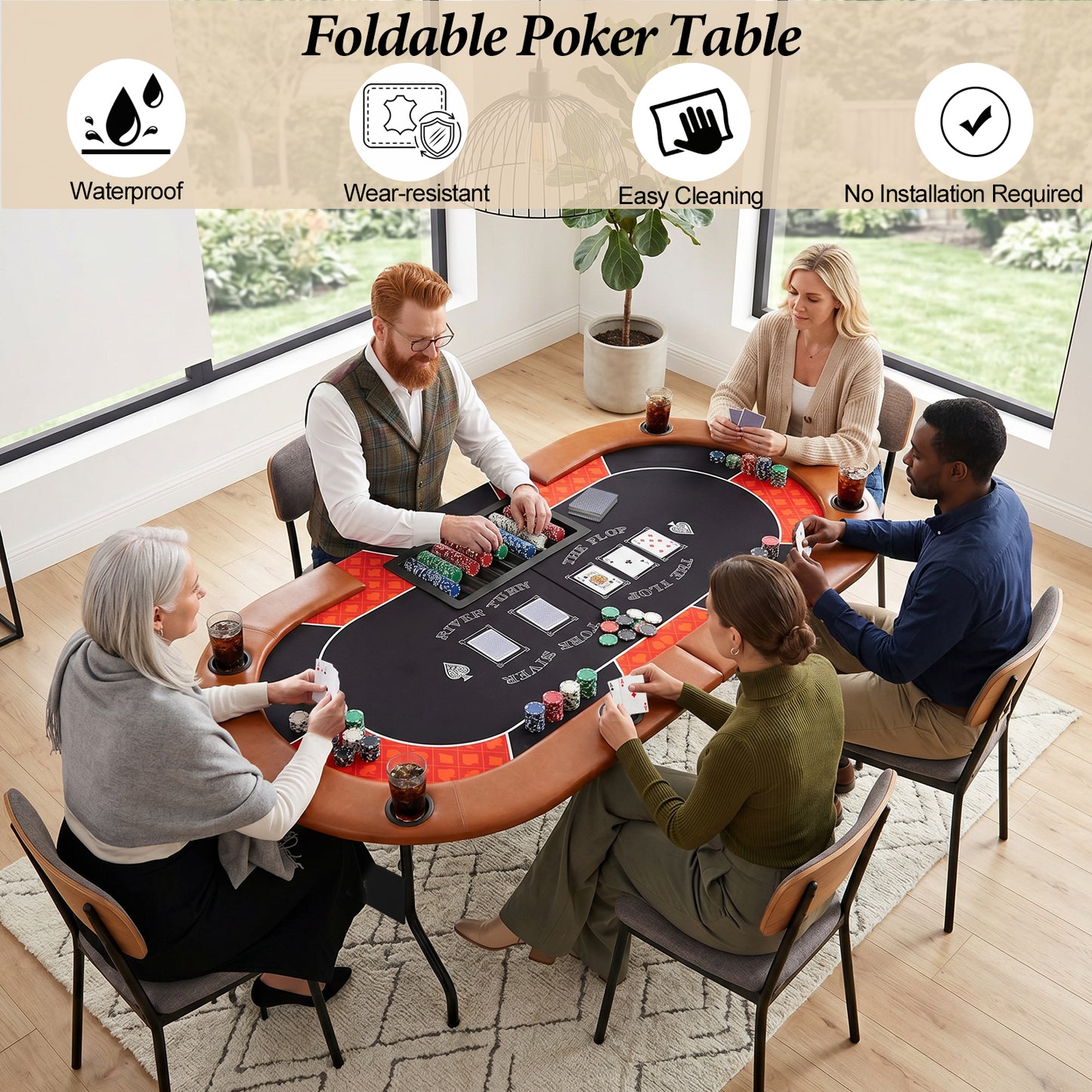 Hyner Pokertisch 182cm Klappbar, Poker Tisch 6-8 Personen mit Chipablage Ovales Design, integrierte Dealerzone, gepolsterte Armlehnen, leicht zu reinigen, platzsparend, ideal für Pokerabende