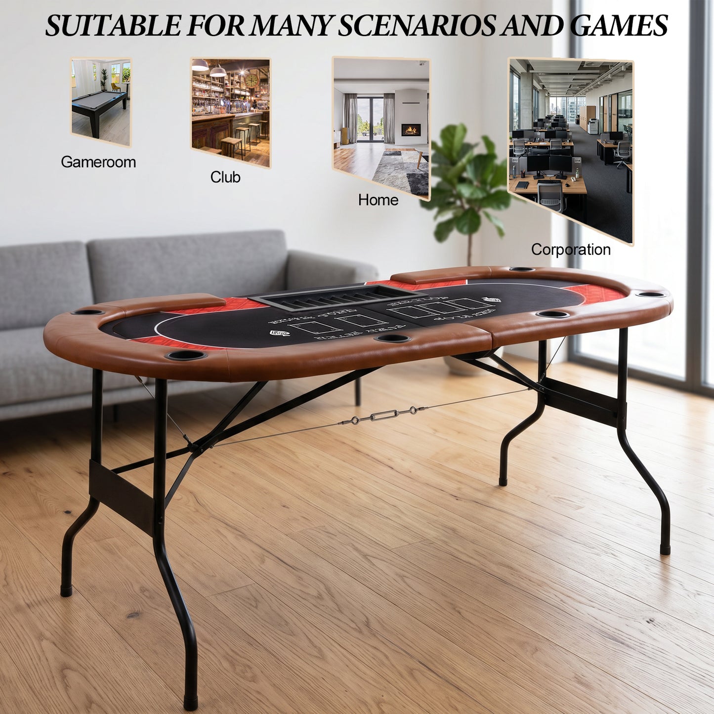 Hyner Pokertisch 182cm Klappbar, Poker Tisch 6-8 Personen mit Chipablage Ovales Design, integrierte Dealerzone, gepolsterte Armlehnen, leicht zu reinigen, platzsparend, ideal für Pokerabende