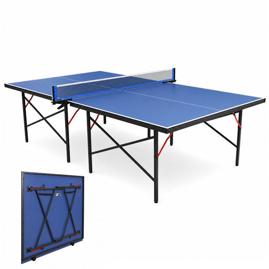 Hyner Tischtennisplatte Klappbar 2-Teilig Indoor & Patio – 274 x 152,5 x 76 cm Turniermaß, Innovatives Falt-Schloss-System, Seitliche Transportrollen, MDF, Inkl. Netz, Blau