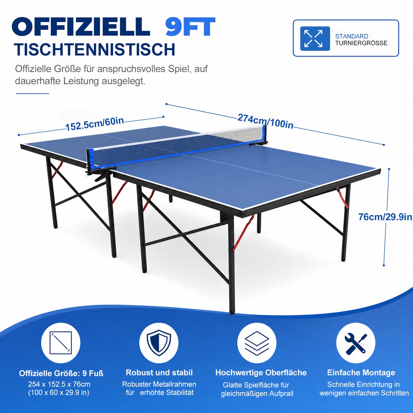 Hyner Tischtennisplatte Klappbar 2-Teilig Indoor & Patio – 274 x 152,5 x 76 cm Turniermaß, Innovatives Falt-Schloss-System, Seitliche Transportrollen, MDF, Inkl. Netz, Blau
