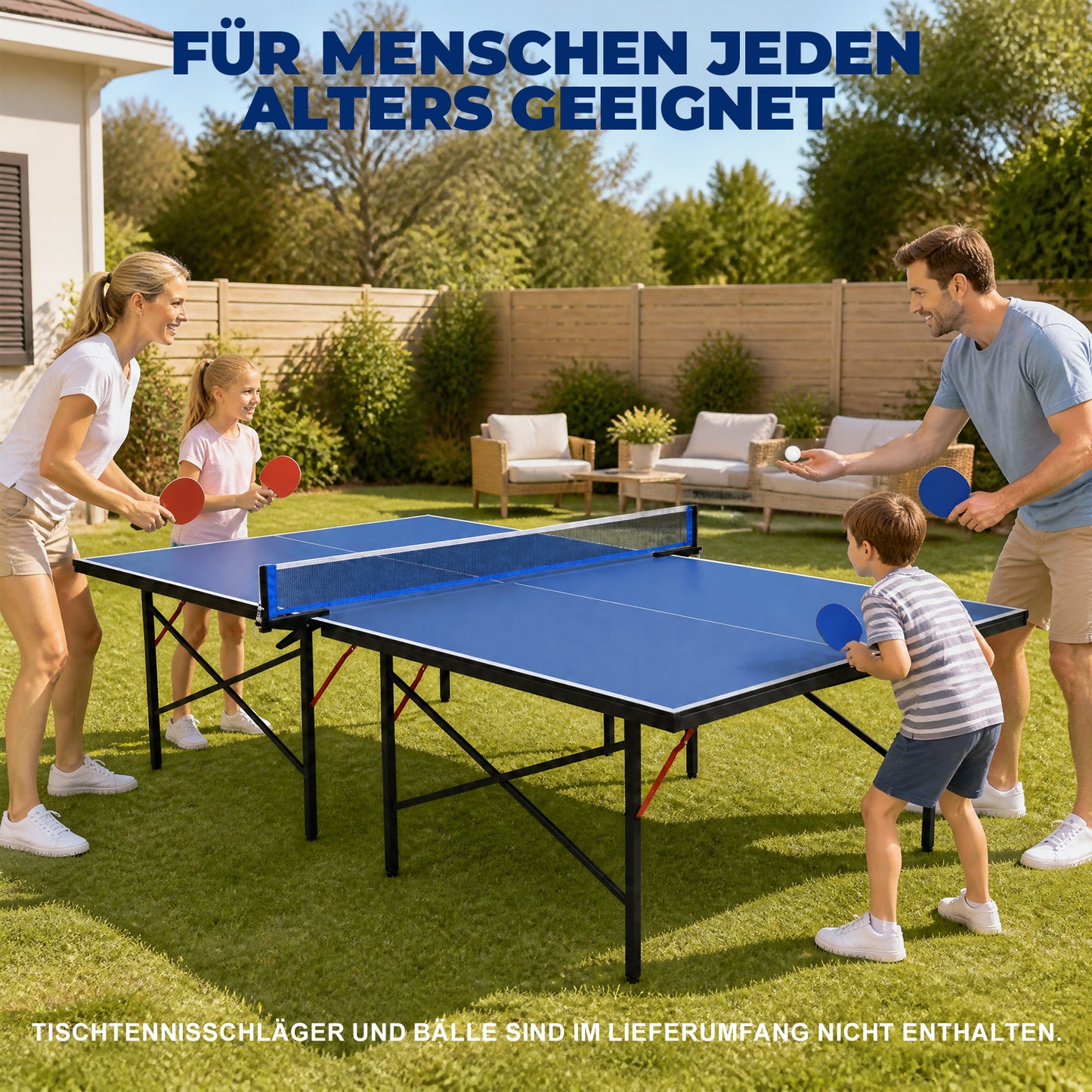 Hyner Tischtennisplatte Klappbar 2-Teilig Indoor & Patio – 274 x 152,5 x 76 cm Turniermaß, Innovatives Falt-Schloss-System, Seitliche Transportrollen, MDF, Inkl. Netz, Blau