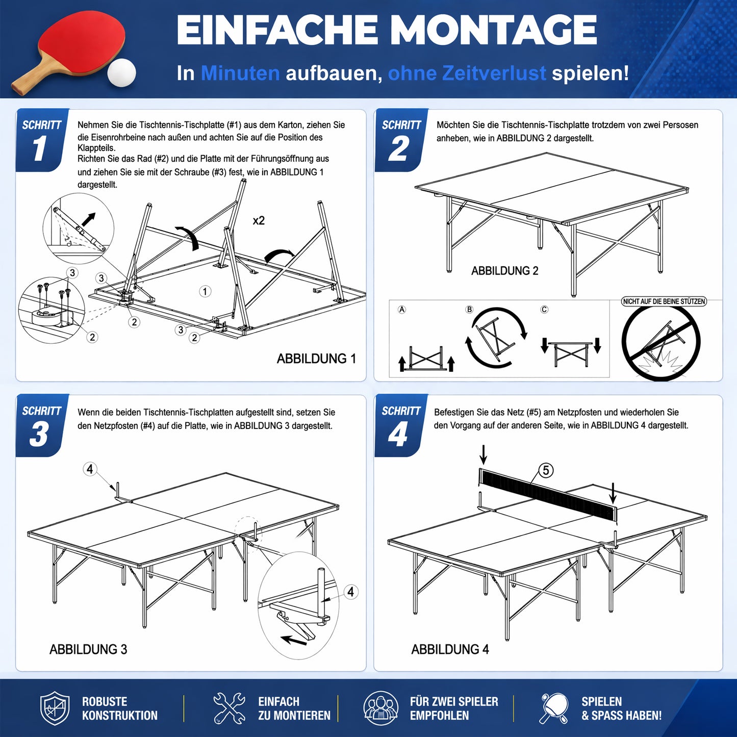 Hyner Tischtennisplatte Klappbar 2-Teilig Indoor & Patio – 274 x 152,5 x 76 cm Turniermaß, Innovatives Falt-Schloss-System, Seitliche Transportrollen, MDF, Inkl. Netz, Blau