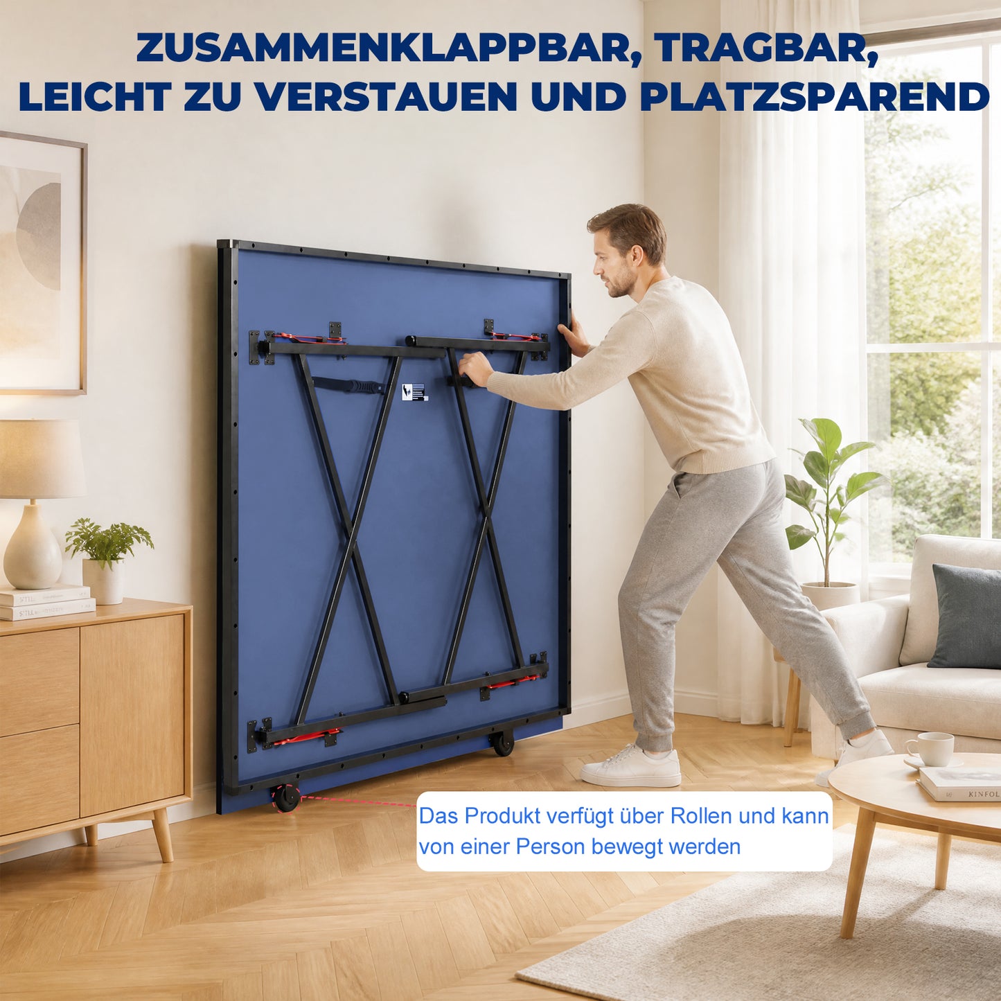 Hyner Tischtennisplatte Klappbar 2-Teilig Indoor & Patio – 274 x 152,5 x 76 cm Turniermaß, Innovatives Falt-Schloss-System, Seitliche Transportrollen, MDF, Inkl. Netz, Blau