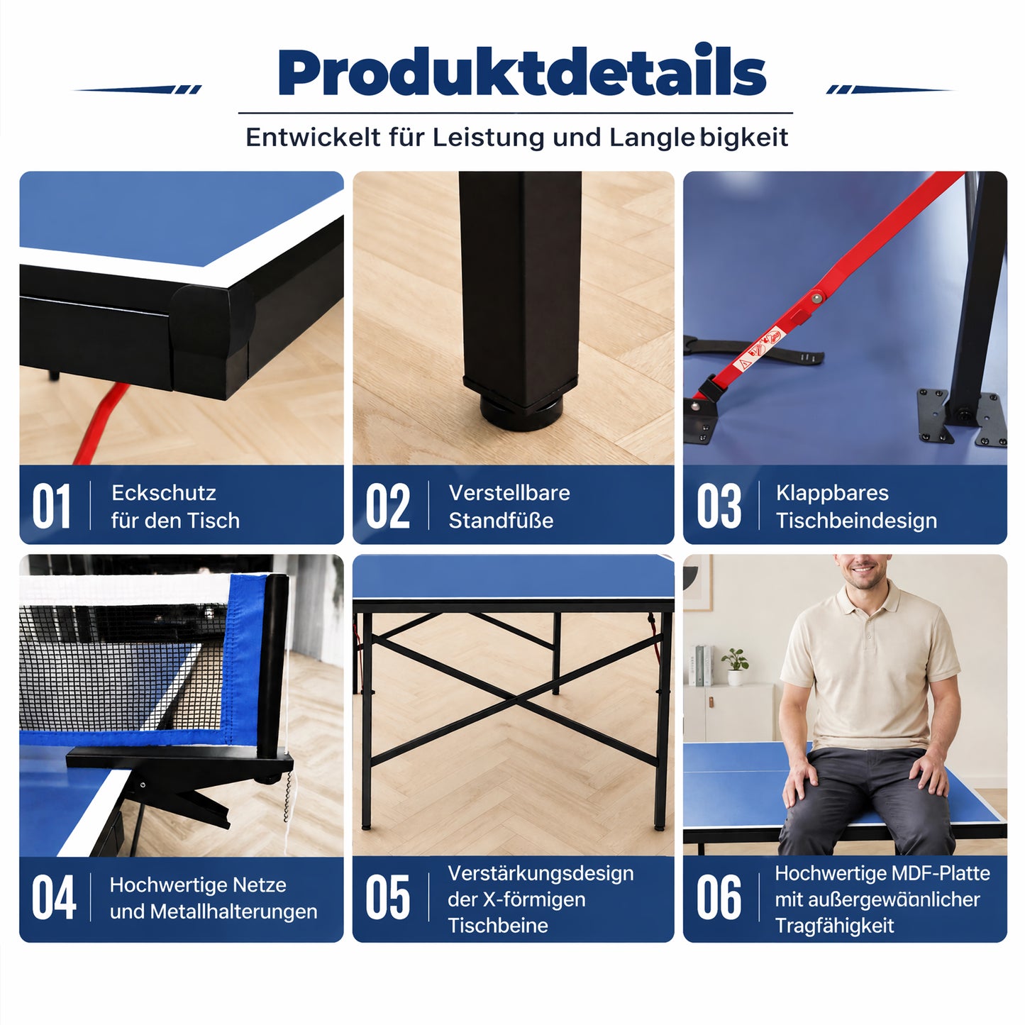 Hyner Tischtennisplatte Klappbar 2-Teilig Indoor & Patio – 274 x 152,5 x 76 cm Turniermaß, Innovatives Falt-Schloss-System, Seitliche Transportrollen, MDF, Inkl. Netz, Blau