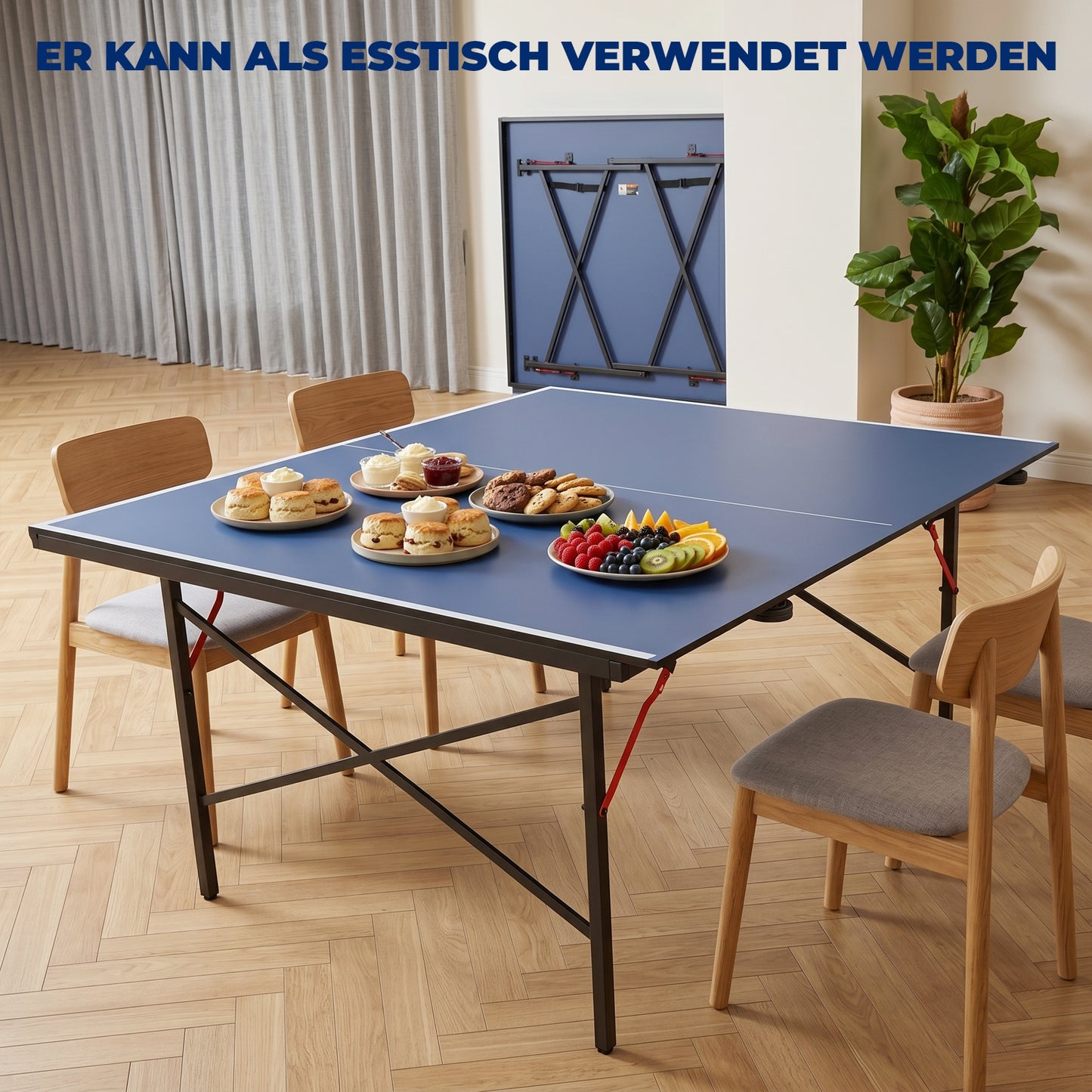 Hyner Tischtennisplatte Klappbar 2-Teilig Indoor & Patio – 274 x 152,5 x 76 cm Turniermaß, Innovatives Falt-Schloss-System, Seitliche Transportrollen, MDF, Inkl. Netz, Blau