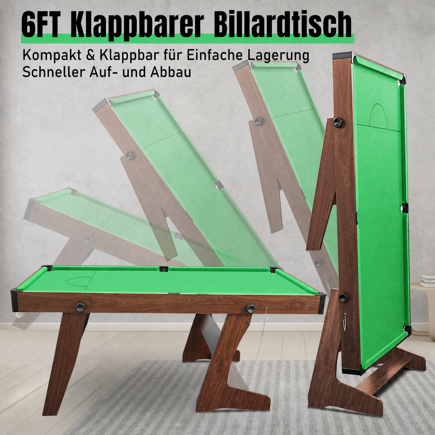 Hyner Klappbarer Billardtisch 183cm, Platzsparender Pool Tisch mit Zubehör