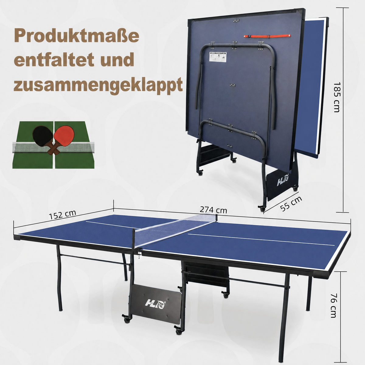 Hyner Tischtennisplatte Turniermaß 275cm – Klappbar mit Rollen & Solo-Trainingsmodus – Blau