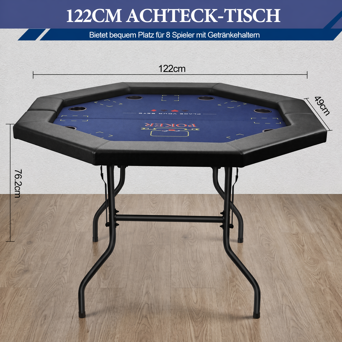 Hyner Pokertisch 122cm, 8 Spieler Achteckig Klappbar Becherhalter Armlehnen Beine faltbar, stabiles Metallgestell, glatte Oberfläche, leicht zu reinigen, platzsparend verstaubar, ideal für Familie
