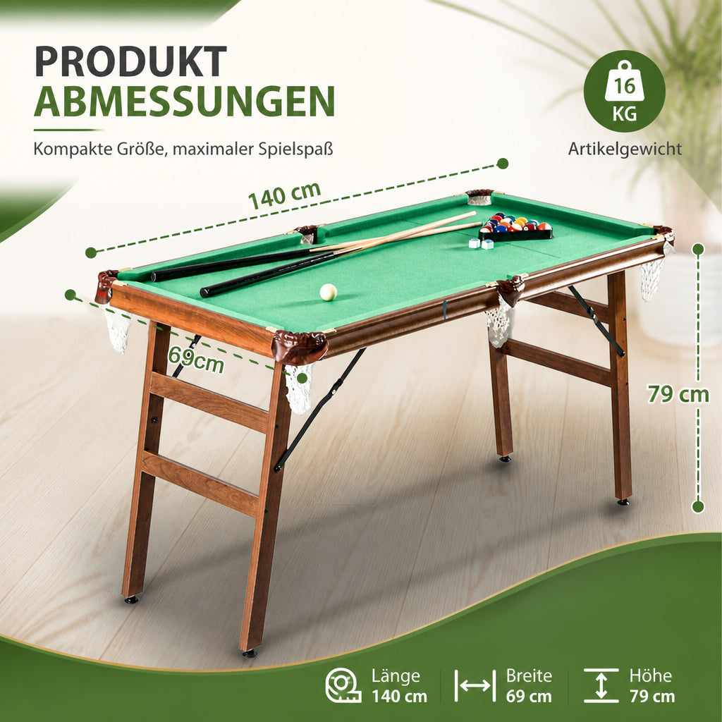 Hyner Klappbarer Billardtisch 140cm, Snooker Tisch mit Zubehör Sofort einsatzbereit, mühelos verschiebbar, robuste Holzwerkstoffe, platzsparendes Design, ideal für Familie