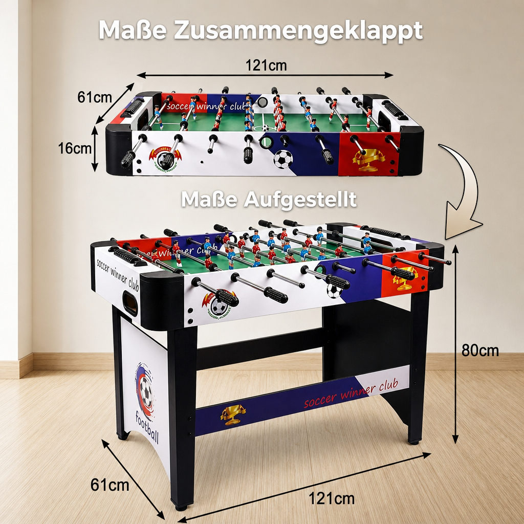 Hyner Tischfußball 121cm mit & ohne Beine, Kickertisch für Boden & Tisch Robuste Holzwerkstoffe, flüssige Spielzüge, einfache Montage, kompaktes Design, ideal für Familie & Erwachsene