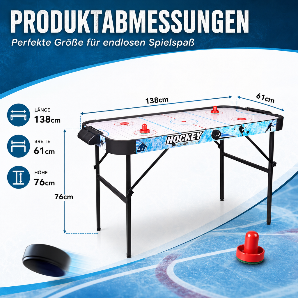 Hyner Air Hockey Tisch 138cm Klappbar, Tisch Eishockey mit Zubehör, Indoor,Mikroperforierte Fläche, Stehhöhe mit Beinen, Luftkissen-Technik, robuste Holzwerkstoffe, ideal für Familienabende
