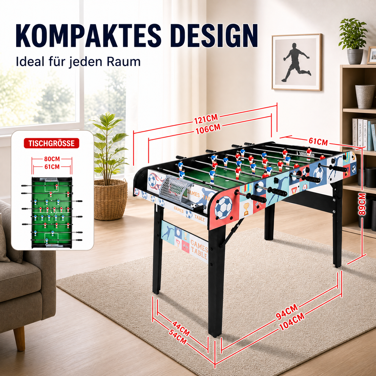 Hyner Tischfußball 121cm Klappbar, Kickertisch mit Teleskopstangen, Indoor Robuste Holzwerkstoffe, einfache Montage, flüssige Spielzüge, platzsparendes Design, ideal für Familie & Erwachsene