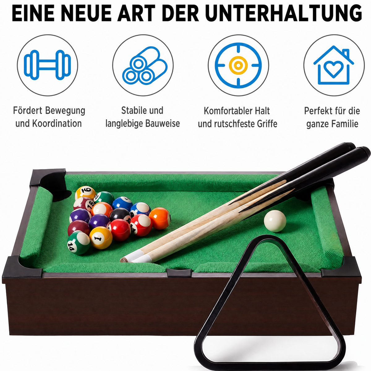 Hyner Mini Billardtisch 52 cm – Tragbarer Holz-Tischbillard-Set für Kinder & Erwachsene – Inkl. 16 Bällen, 2 Queue & Dreieck