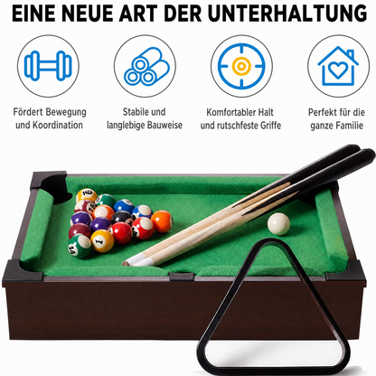 Hyner Mini Billardtisch 52 cm – Tragbarer Holz-Tischbillard-Set für Kinder & Erwachsene – Inkl. 16 Bällen, 2 Queue & Dreieck