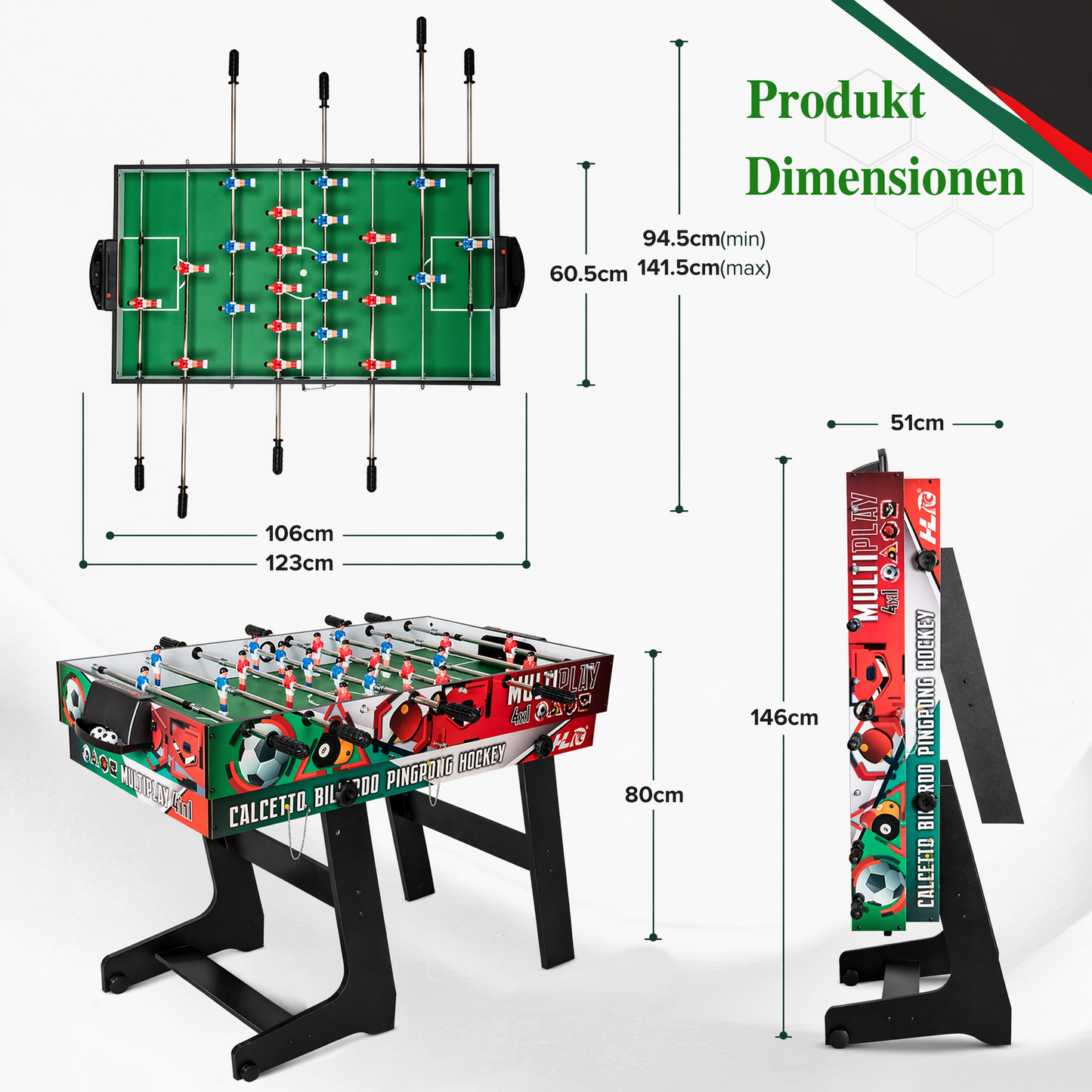 Hyner 4 in 1 Multifunktionale Spieltische Tischfußballtische Multifunktionstisch, Tischfußball Billard Air Hockey Tischtennis,sichere Teleskopstangen, Plattenwechsel, ideal für Familie