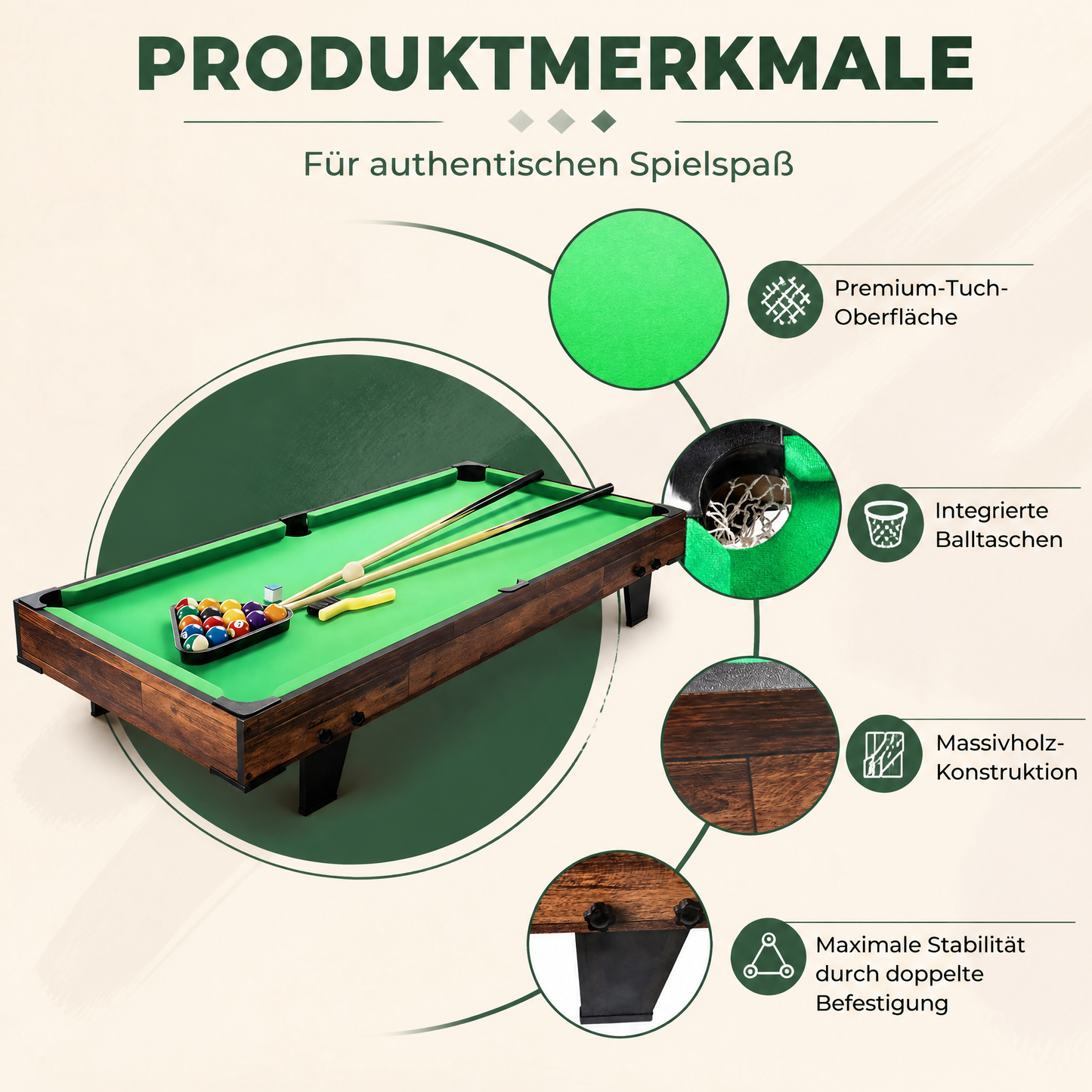 Billardtisch 120cm, Mini Pool Tisch mit Zubehör, Snooker Indoor,Hochwertige Holzwerkstoffe, leicht & mobil, platzsparendes Design, einfache Montage, ideal für Erwachsene & Familie