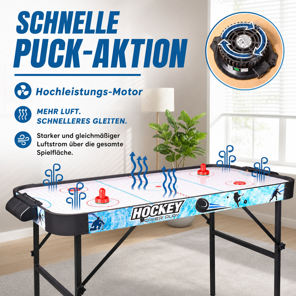 Hyner Air Hockey Tisch 138cm Klappbar, Tisch Eishockey mit Zubehör, Indoor,Mikroperforierte Fläche, Stehhöhe mit Beinen, Luftkissen-Technik, robuste Holzwerkstoffe, ideal für Familienabende