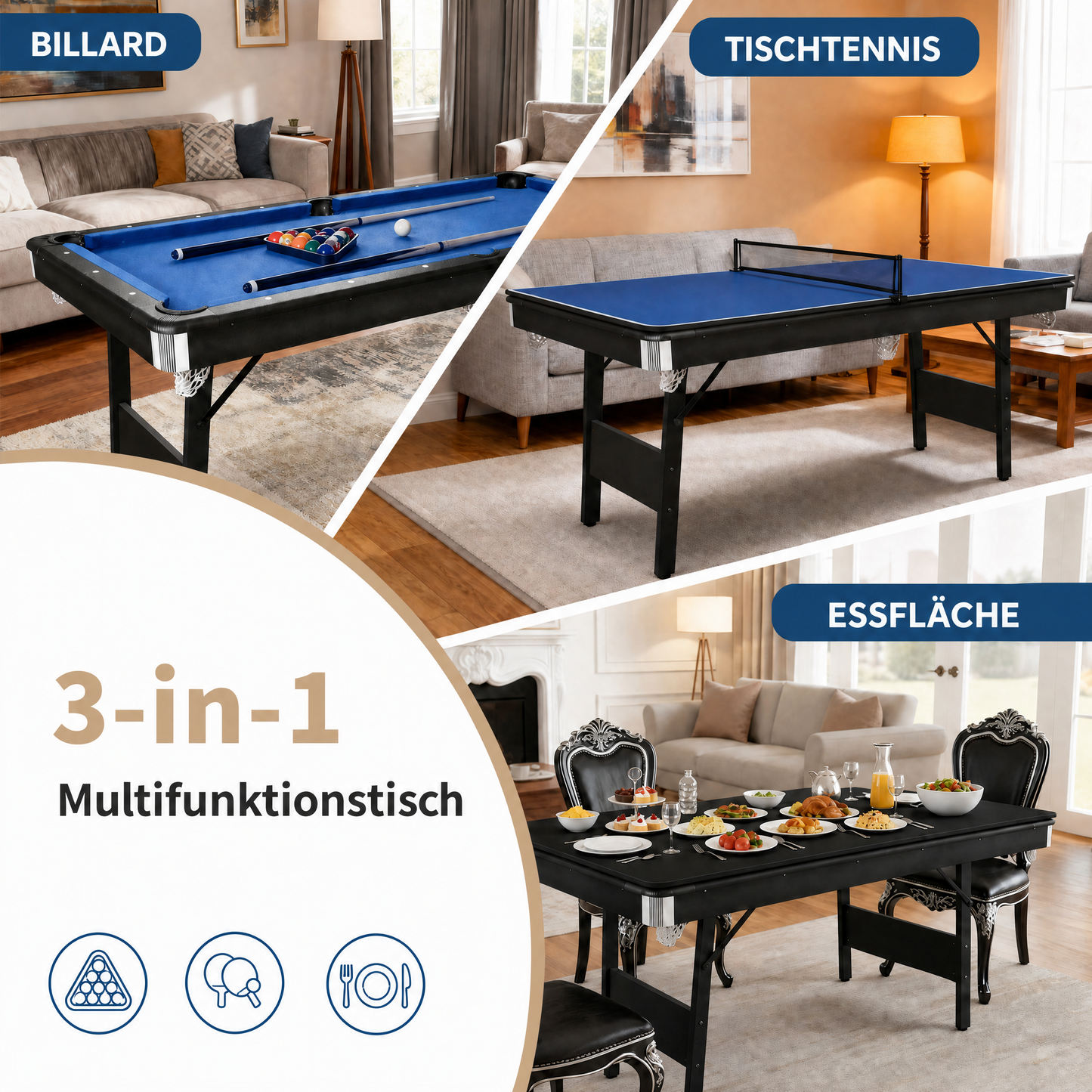 Hyner Billardtisch Klappbar, Pool Billardtisch, Snooker, Multifunktionstisch Spieltisch mit Zubehör, Geeignet für Zuhause.