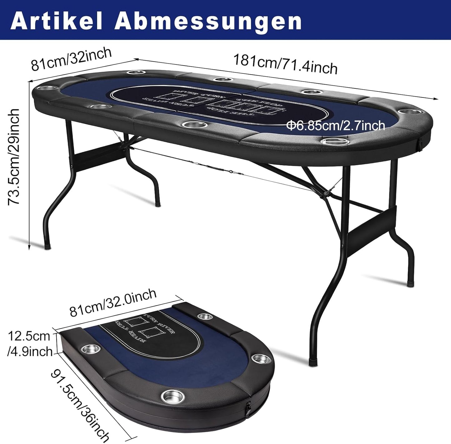 Hyner Pokertisch 182cm Klappbar, 8 Personen Poker Tisch mit Becherhalter Komfortable Armlehnen, stabiler Stahlrahmen, platzsparend verstaubar, keine Montage nötig, ideal für Pokerabende