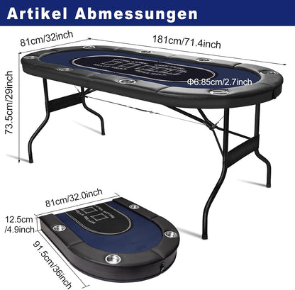 Table de poker pliable Hyner 182 cm pour 8 joueurs – Design casino avec cadre en acier, porte-gobelets et plateau à jetons