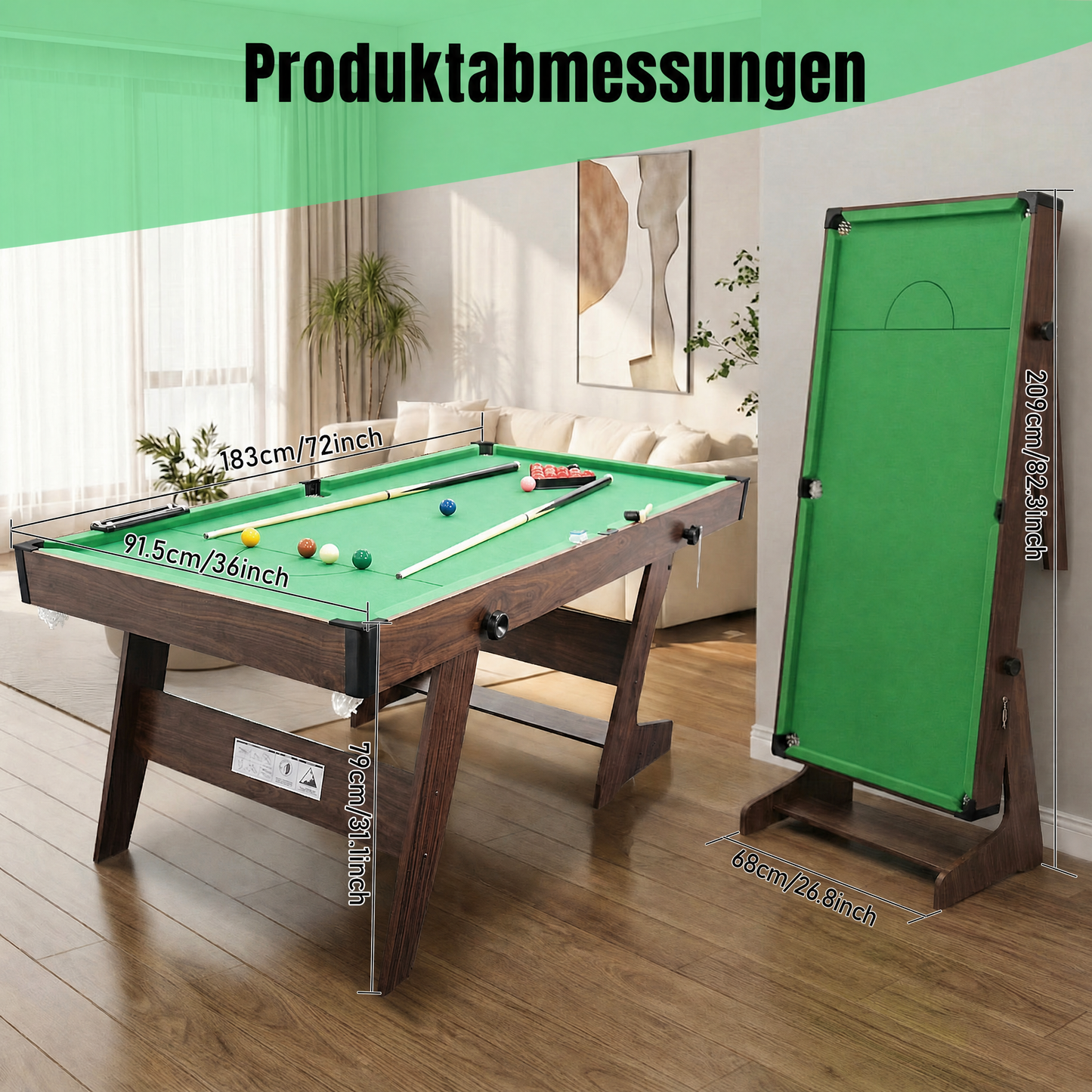 Hyner Klappbarer Billardtisch 183cm, Platzsparender Pool Tisch mit Zubehör